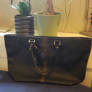 Tory Burch Blue-Gray and Taupe stripe Tote